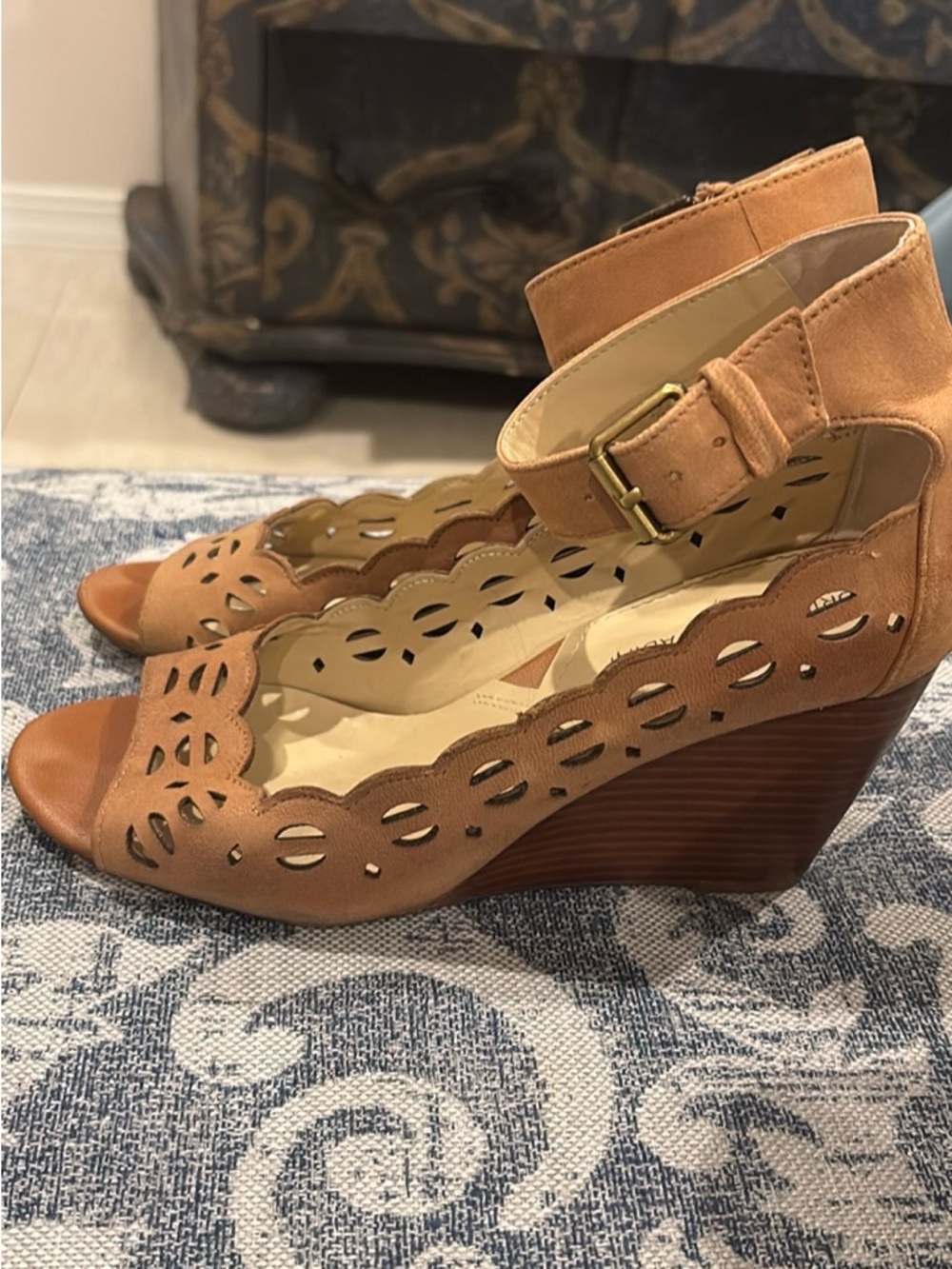 Adrienne Vittadini Tan Cutout Suede Ankle-Wrap Wedge Sandals